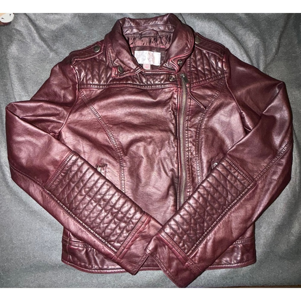Xhilaration Womens Burgundy Faux Leather Moto Biker Jacket Quilted Size S